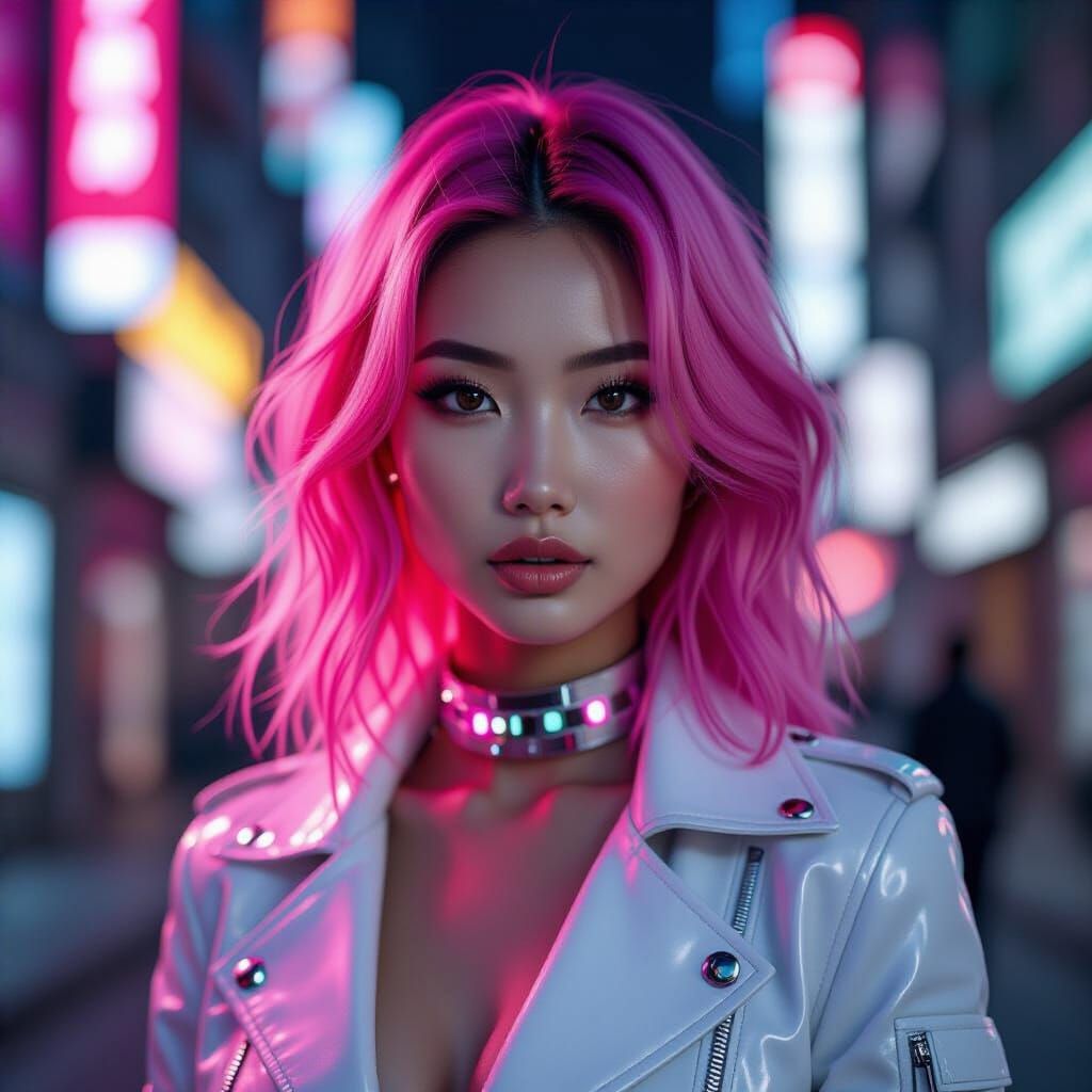Hyper-Realistic Pink-Haired Woman in Neon City