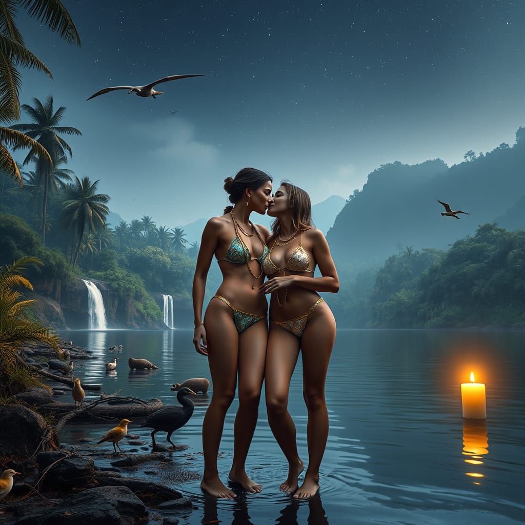Ethereal Nighttime Scene with Lovers and Tropical Landscape