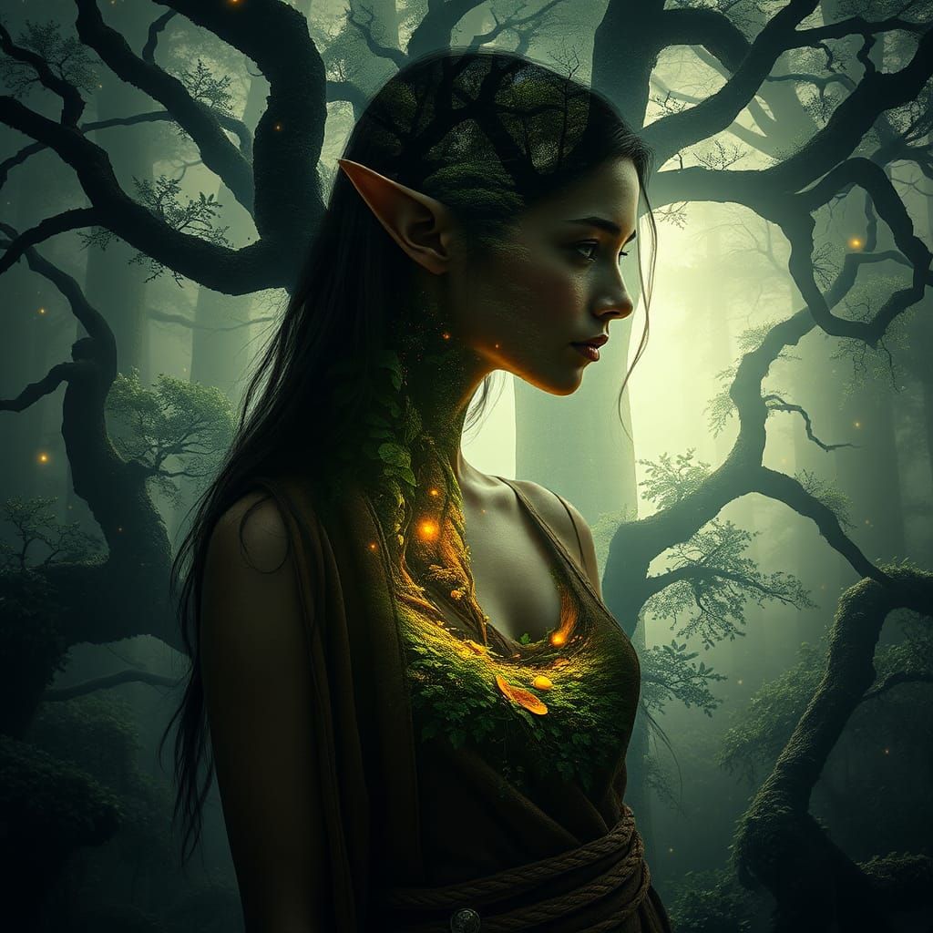 Enchanted Elf Silhouette Portrait in Double Exposure