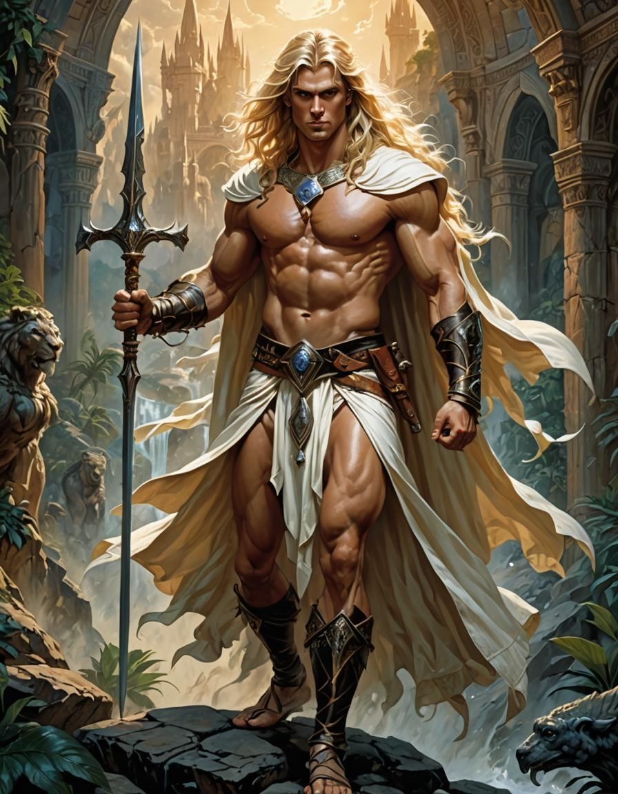 Sorcerer with Ivory Spear in Fantasy Landscape