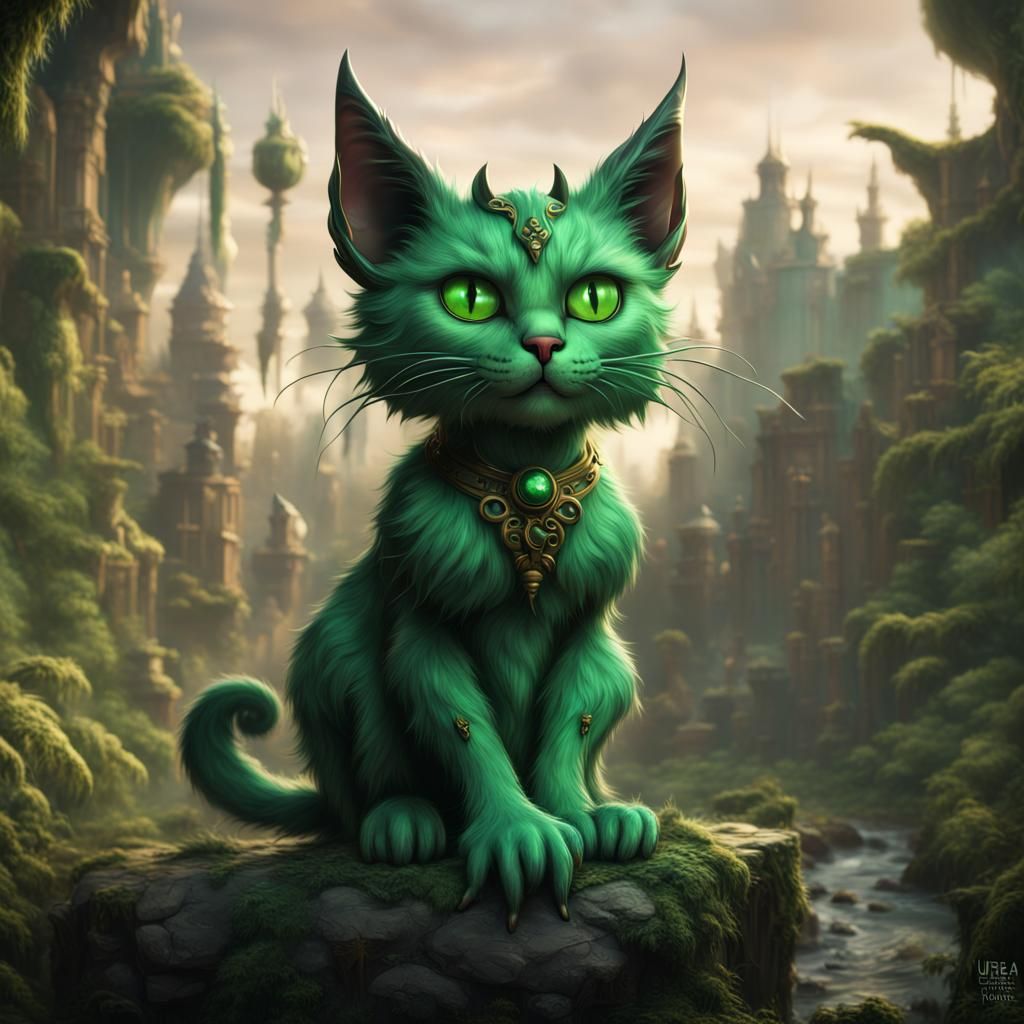 Fantastical Green Cat with Horns and Claws