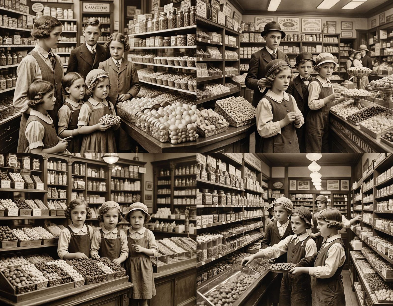 1920s photo of kids at a candy store, sepia tone, crisp imag...