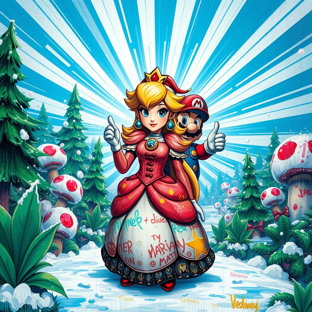 Princess Peach Christmas Graffiti Art in 8K