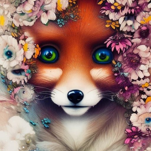 Chibi Fox in Flowers: Hyperrealistic Digital Painting