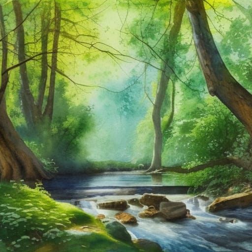 Woodland Stream Path in Hyperrealistic Gouache Style