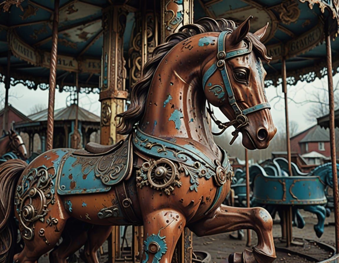 Rusted Carousel Horse in Decaying Amusement Park