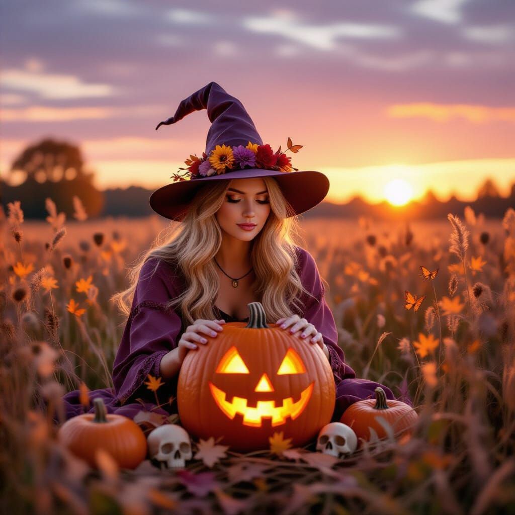 Photorealistic Witch in Dreamy Autumn Landscape