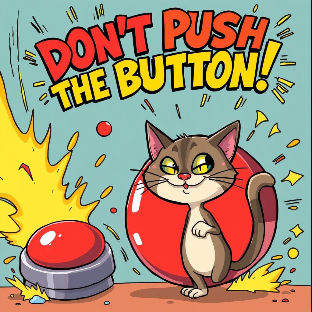 Playful Cartoon Cat with Red Button