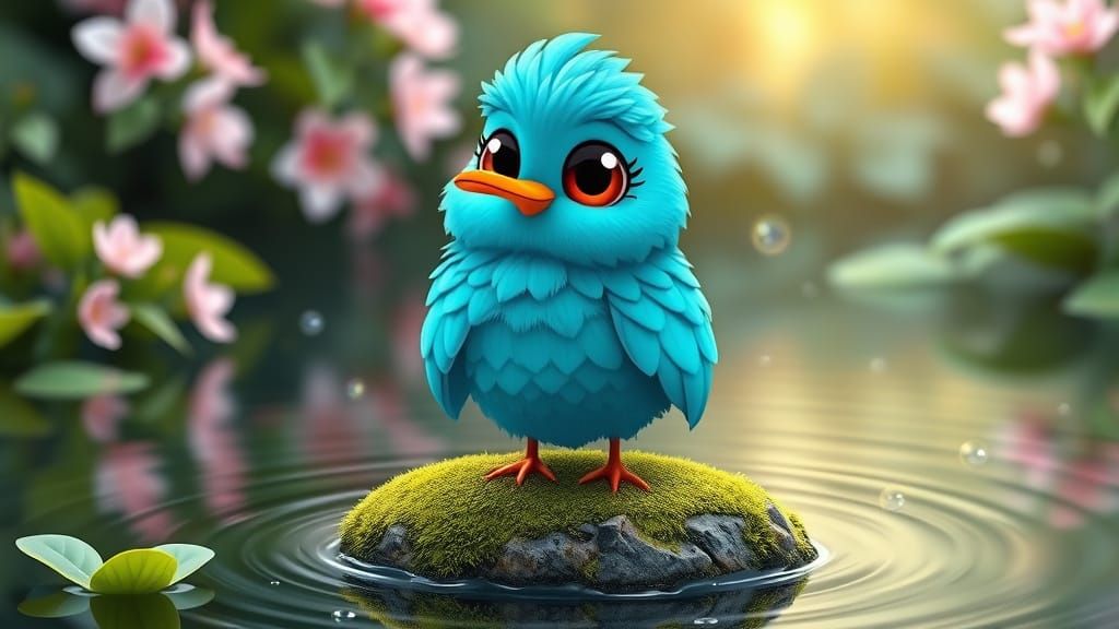 Majestic Cartoon Blue Bird Amidst Serene Nature