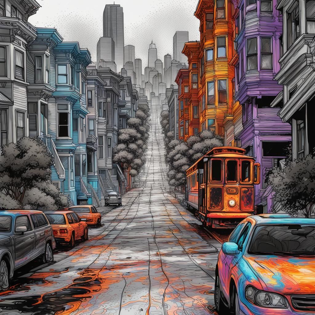 San Francisco Neighborhood in Vibrant Line Art