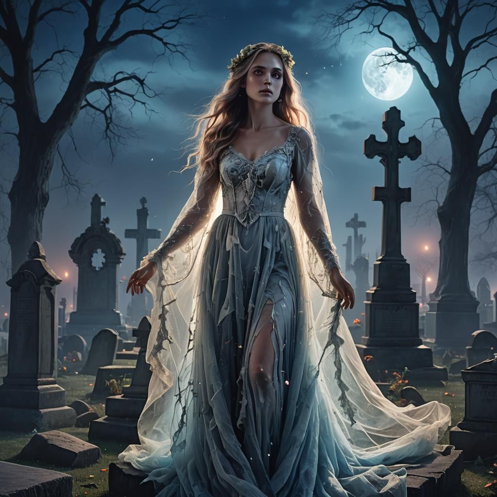 Ethereal Ghost Bride in Graveyard: Fantasy Art