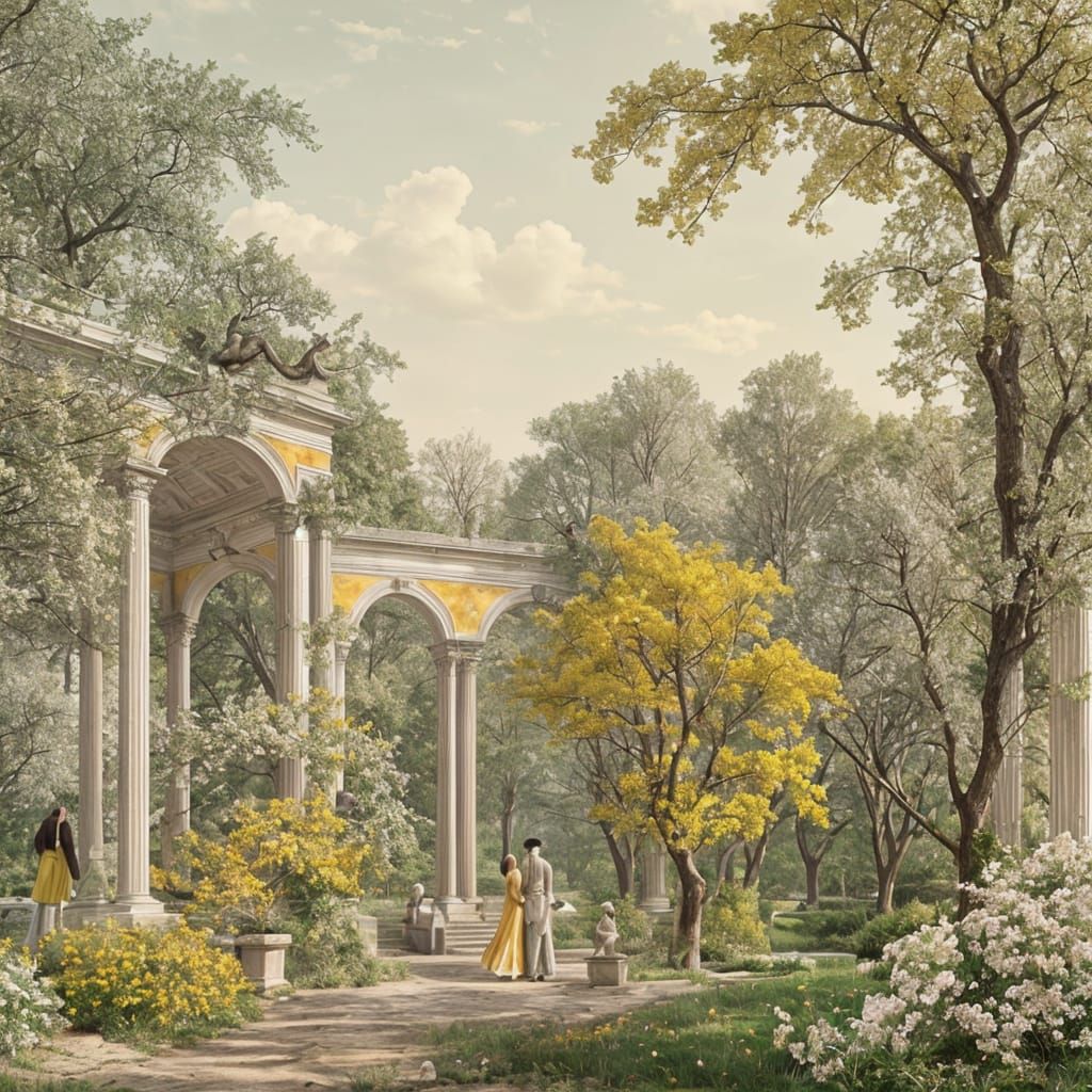 Palladian Garden with Blossom Trees in Soft Colors