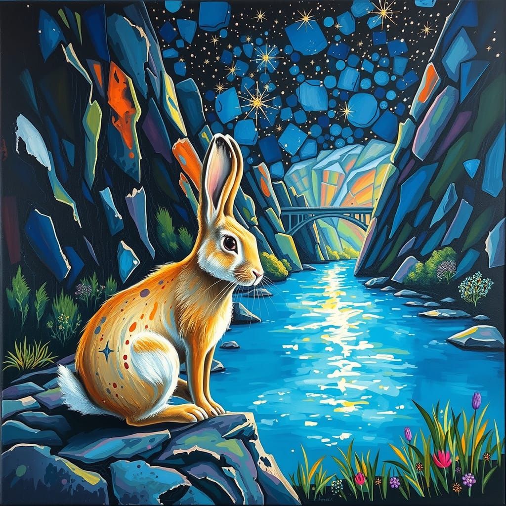 Rabbit in Canyon Under Stars: Impasto Oil Painting