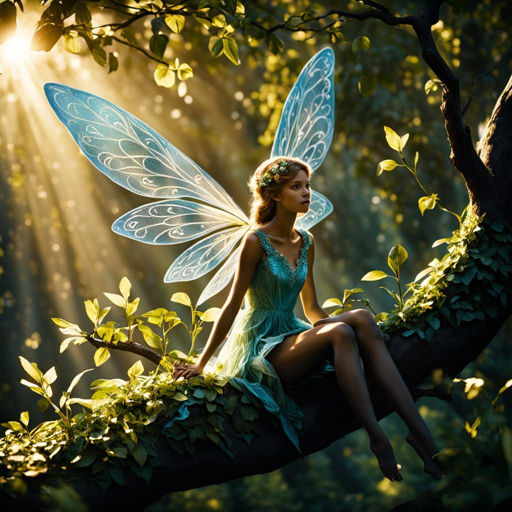 Whimsical Fairy on Sun-Kissed Branch in Vibrant Garden