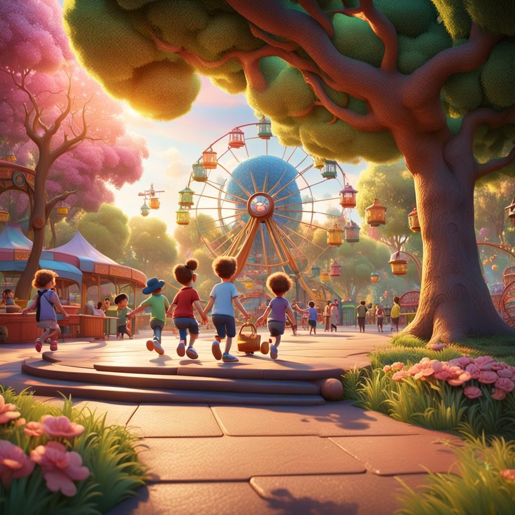 Children Playing in Amusement Park, Disney Pixar Style
