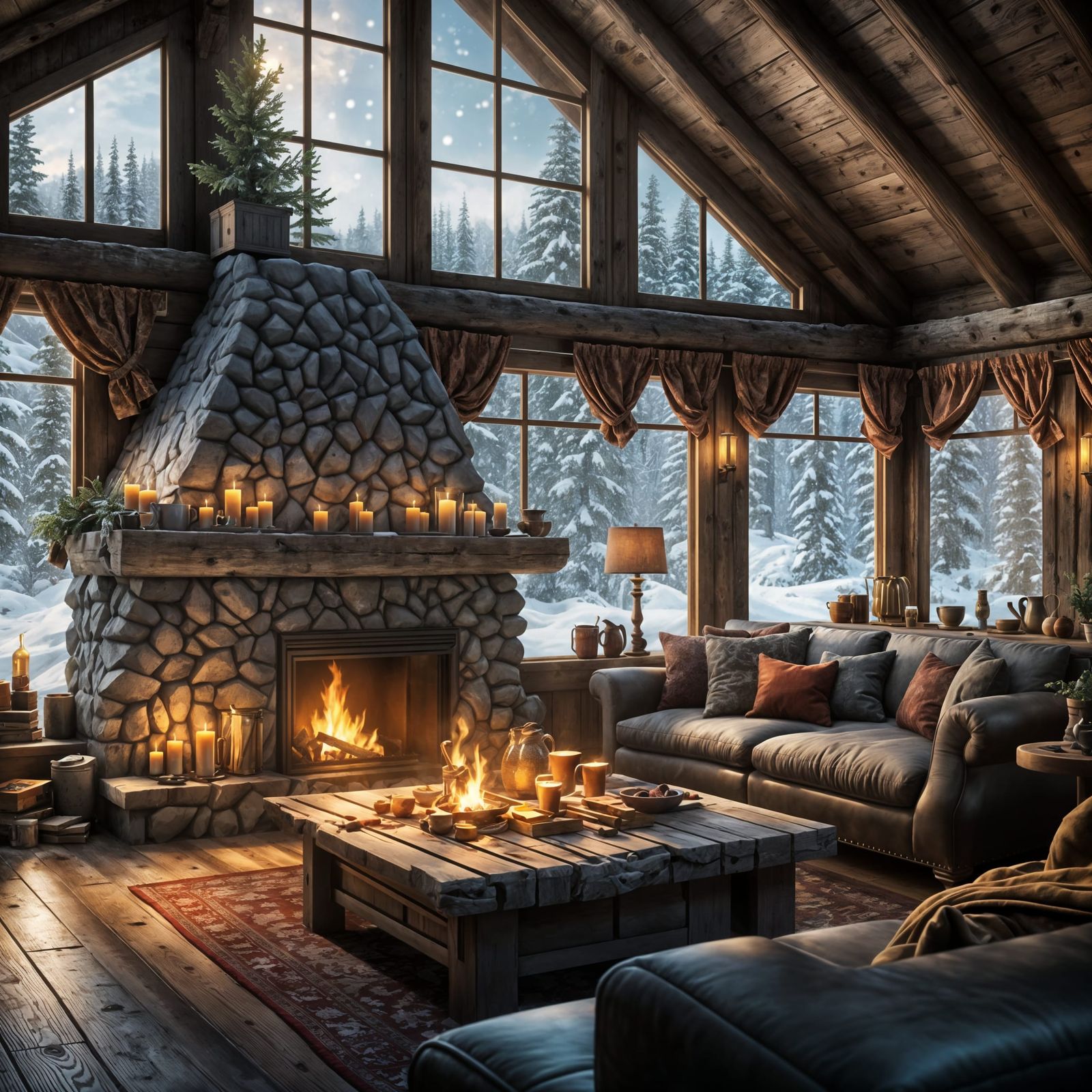 Cozy Cabin Interior with Snow View, Digital Art