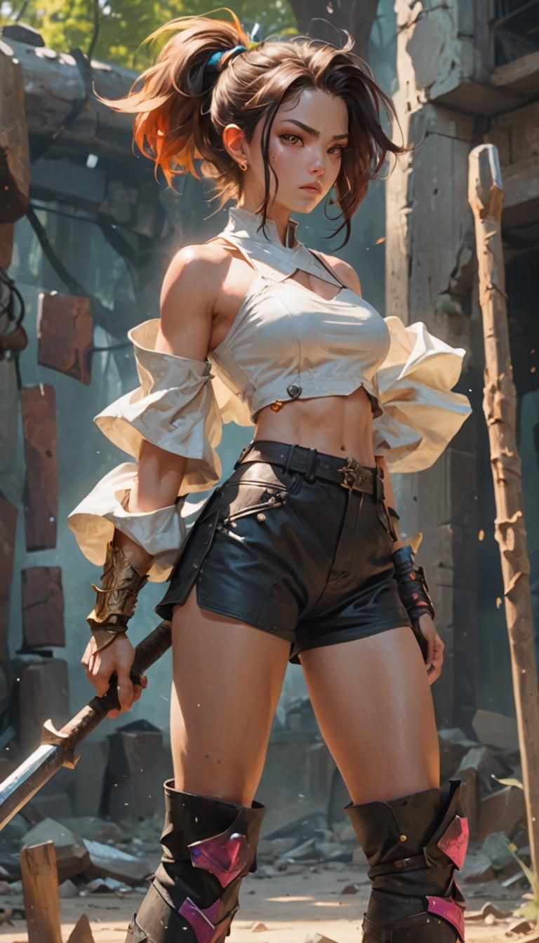 Fierce Female Warrior with Axe in Action Fantasy Art