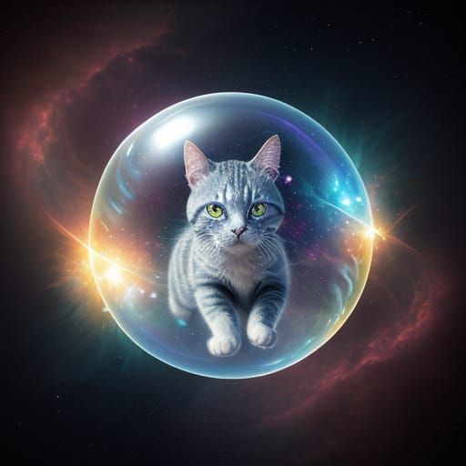 Fantasy Cat Rides Iridescent Bubble Through Vibrant Nebula