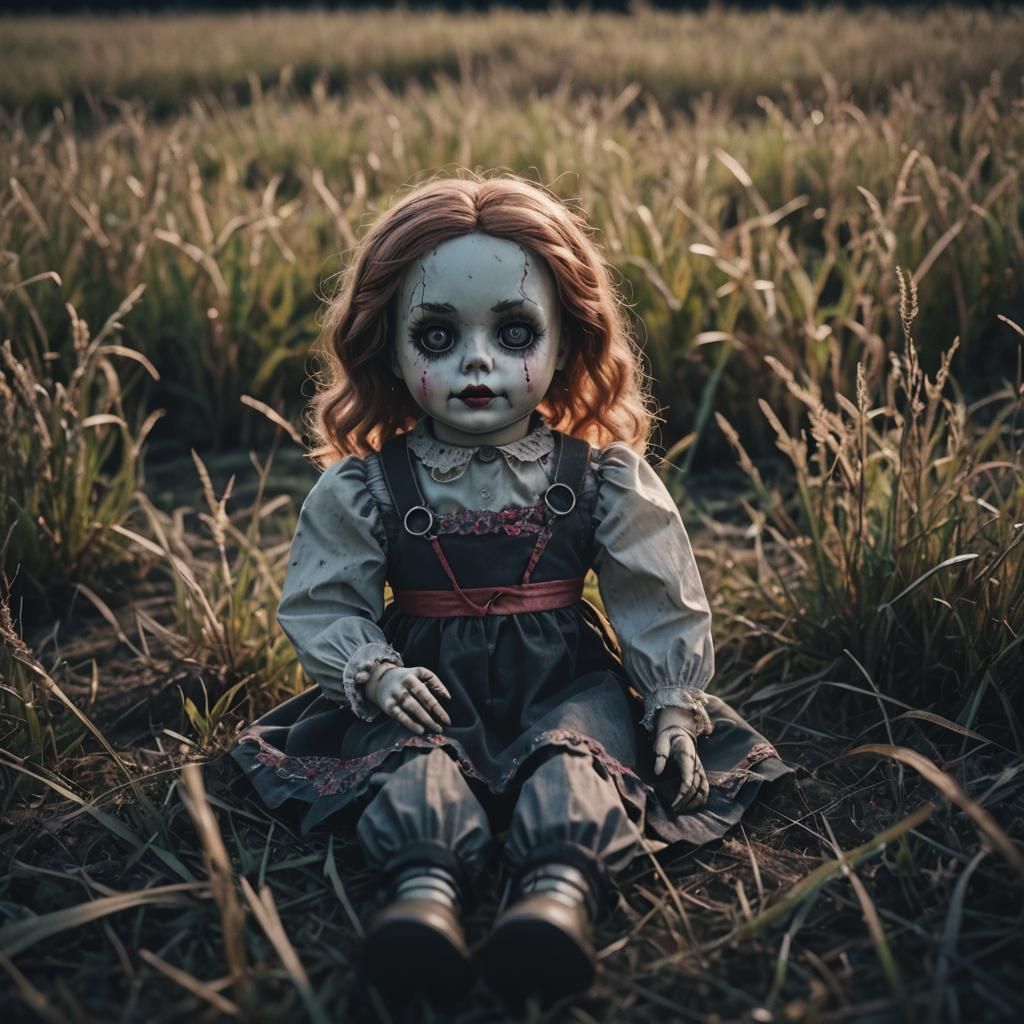 Creepy Doll in Field at Night: Cinematic Film Still