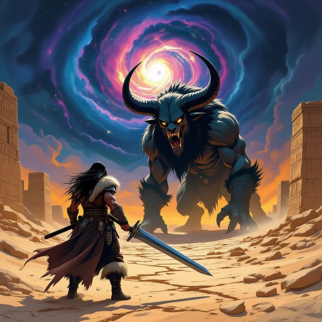 Cimmerian Mercenary Battles Eldritch Minotaur in Cosmic Dese...