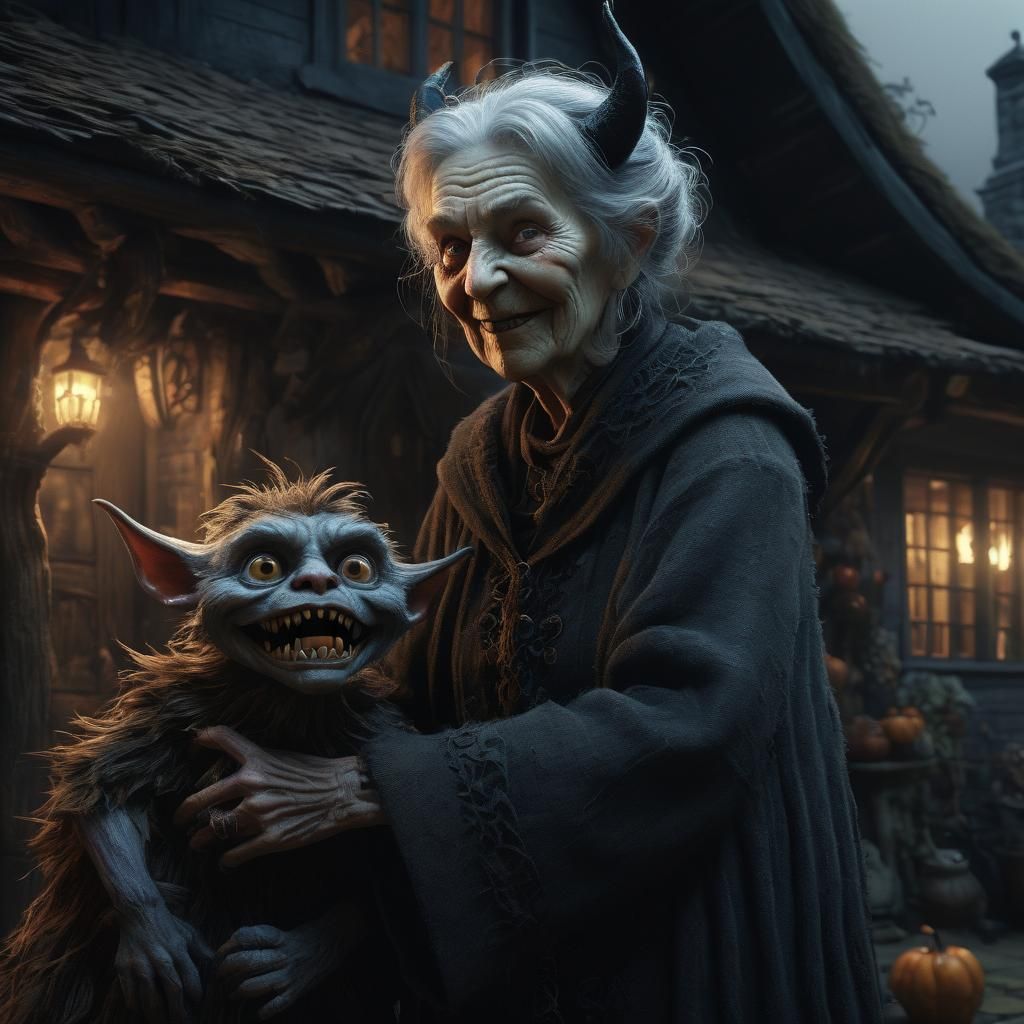 Charming Witch and Demon Familiar in Cottage