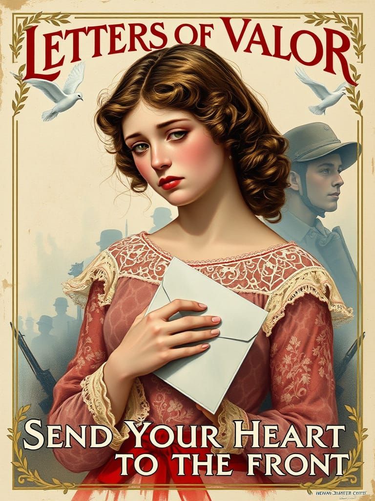 Heroic Gibson Girl in Sepia Tones, Flanked by Ghostly Soldie...