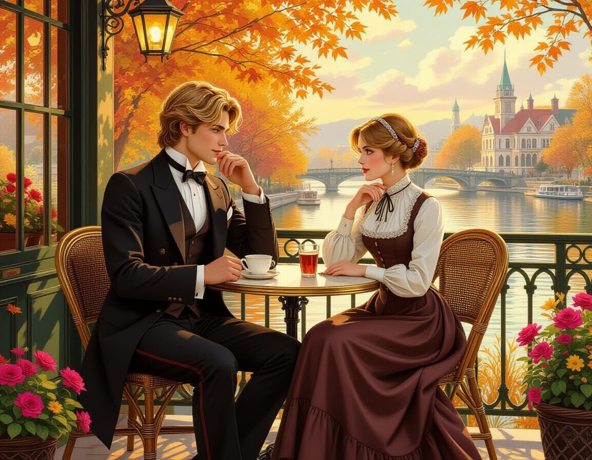 Victorian Couple at Cafe in Anime Autumn Landscape