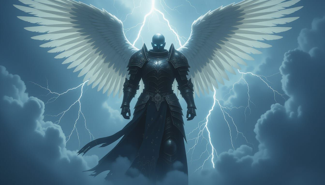 Towering Armored Figures Descend Through Stormy Skies