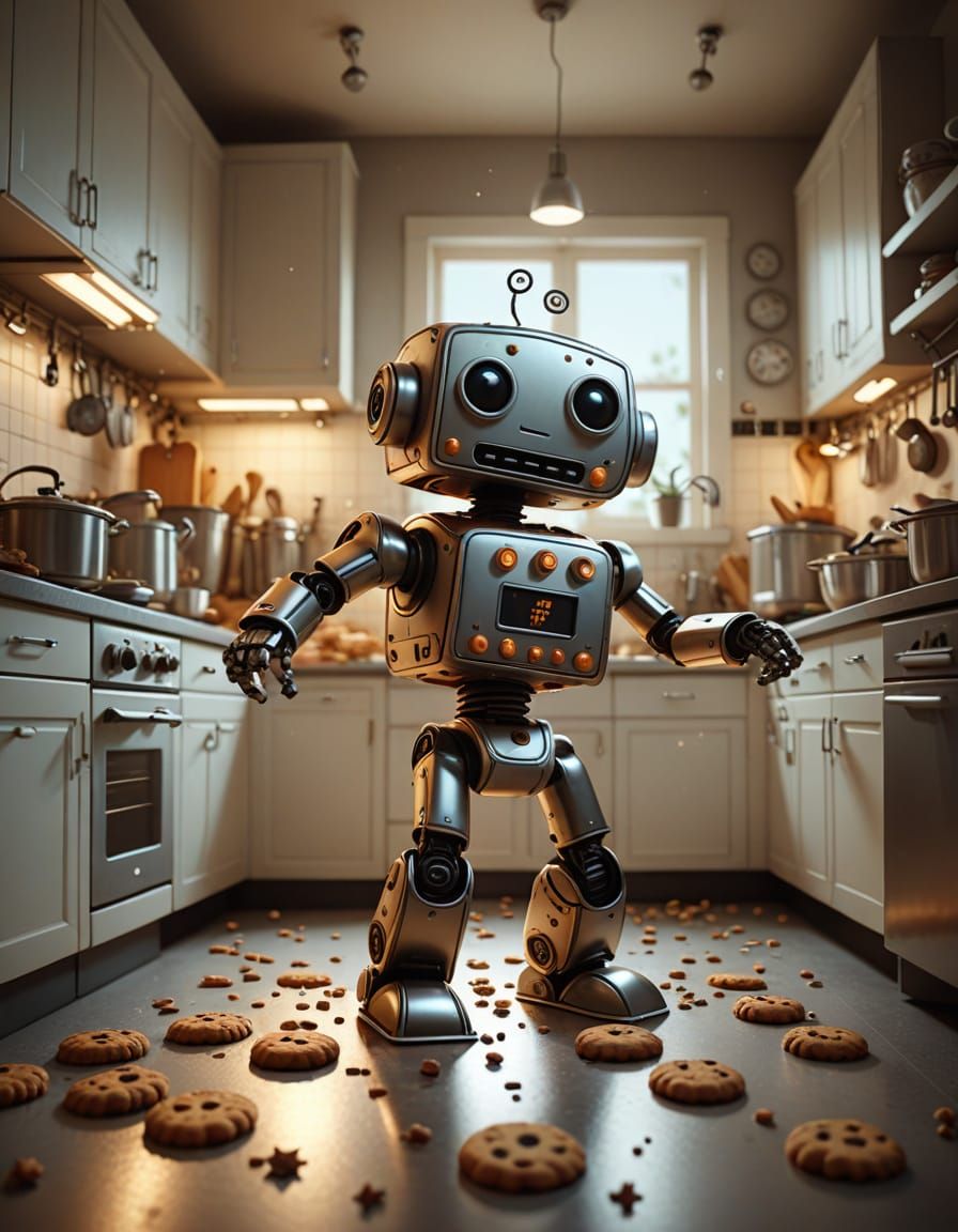 Cookie Robot Dancing in Kitchen | Whimsical Digital Art