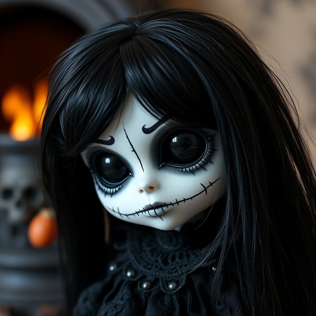 Mysterious Chibie Doll in a Gothic Fireplace Setting