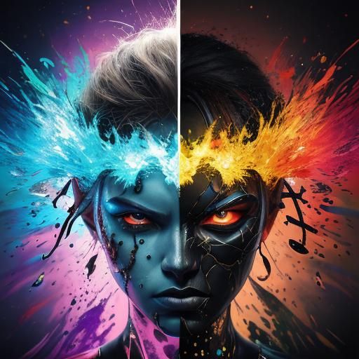 Hyperrealistic Duality Portrait with Colorful Accents