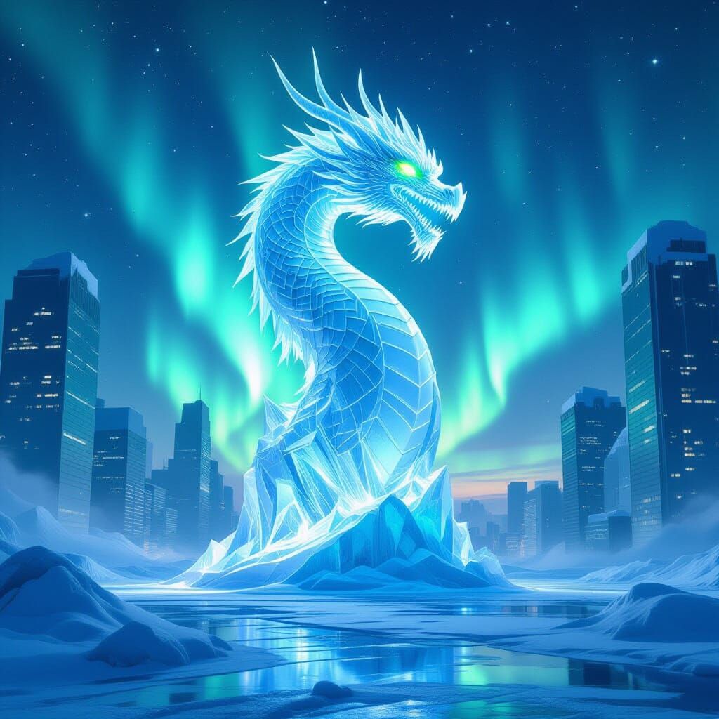 Colossal Ice Dragon Over Frozen City Under Aurora