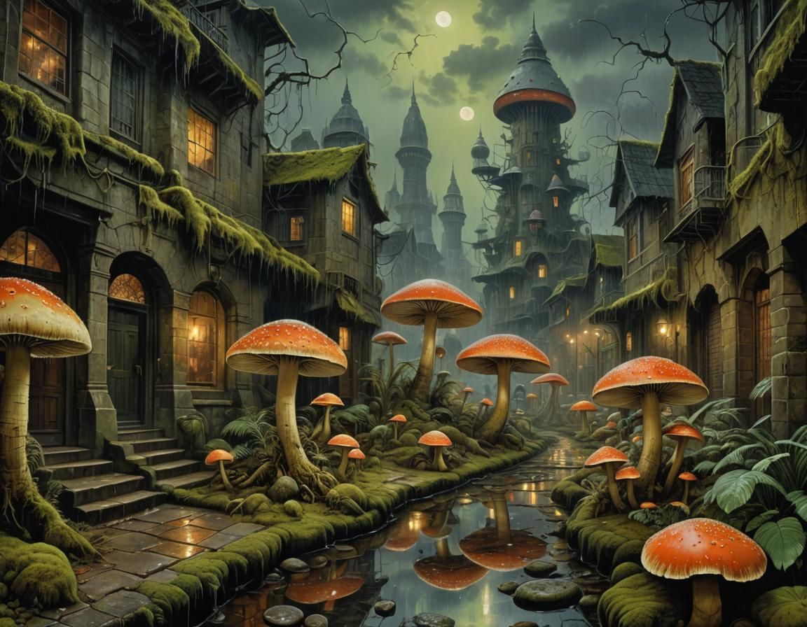Surreal Fungal Invasion on Cobbled Street: Digital Painting