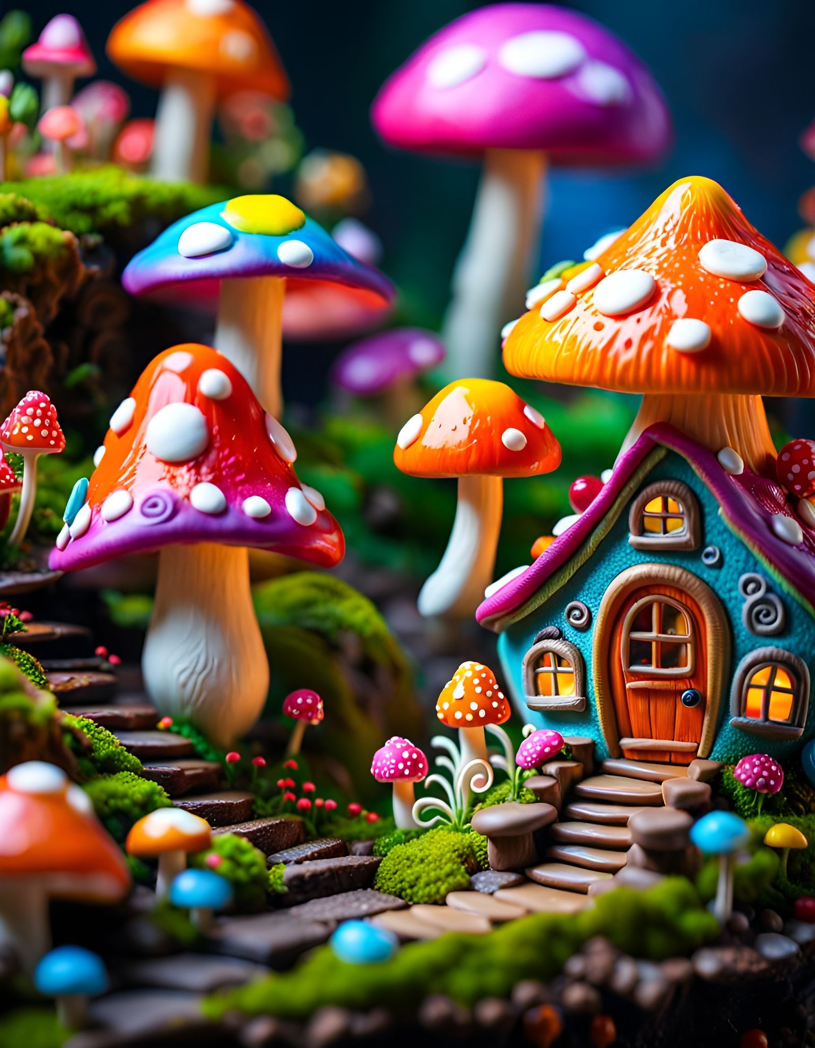 Psychedelic Candy Mushroom Village in Hyperrealism