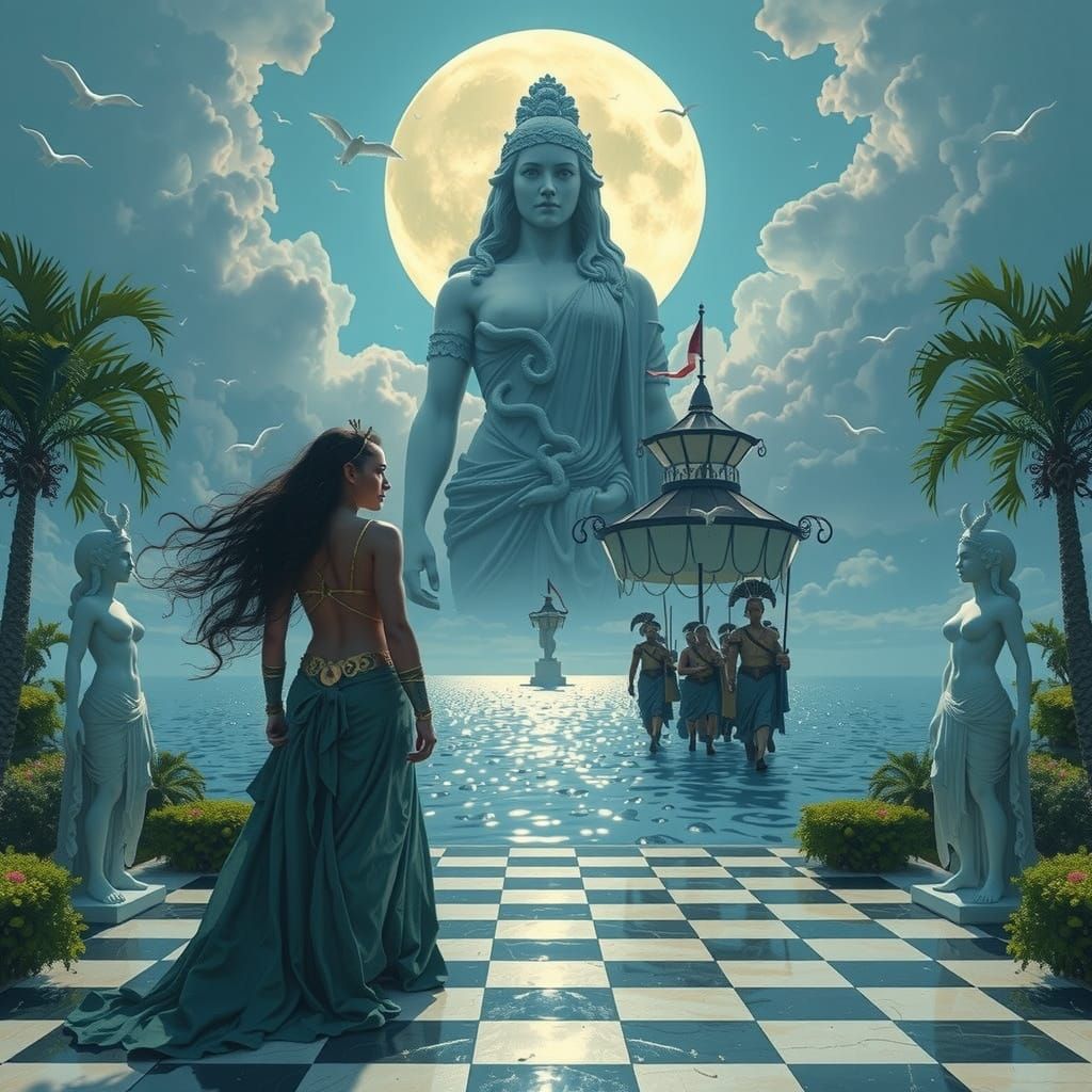 Female Warrior Goddess Leads Army in Surreal Garden