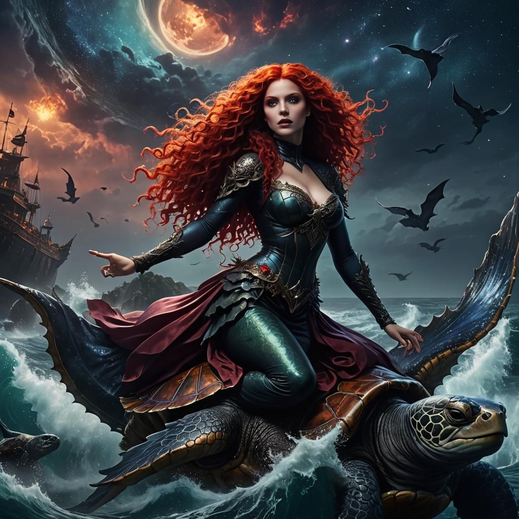 Ghostly Vampire Mermaid Rides Demonic Turtle