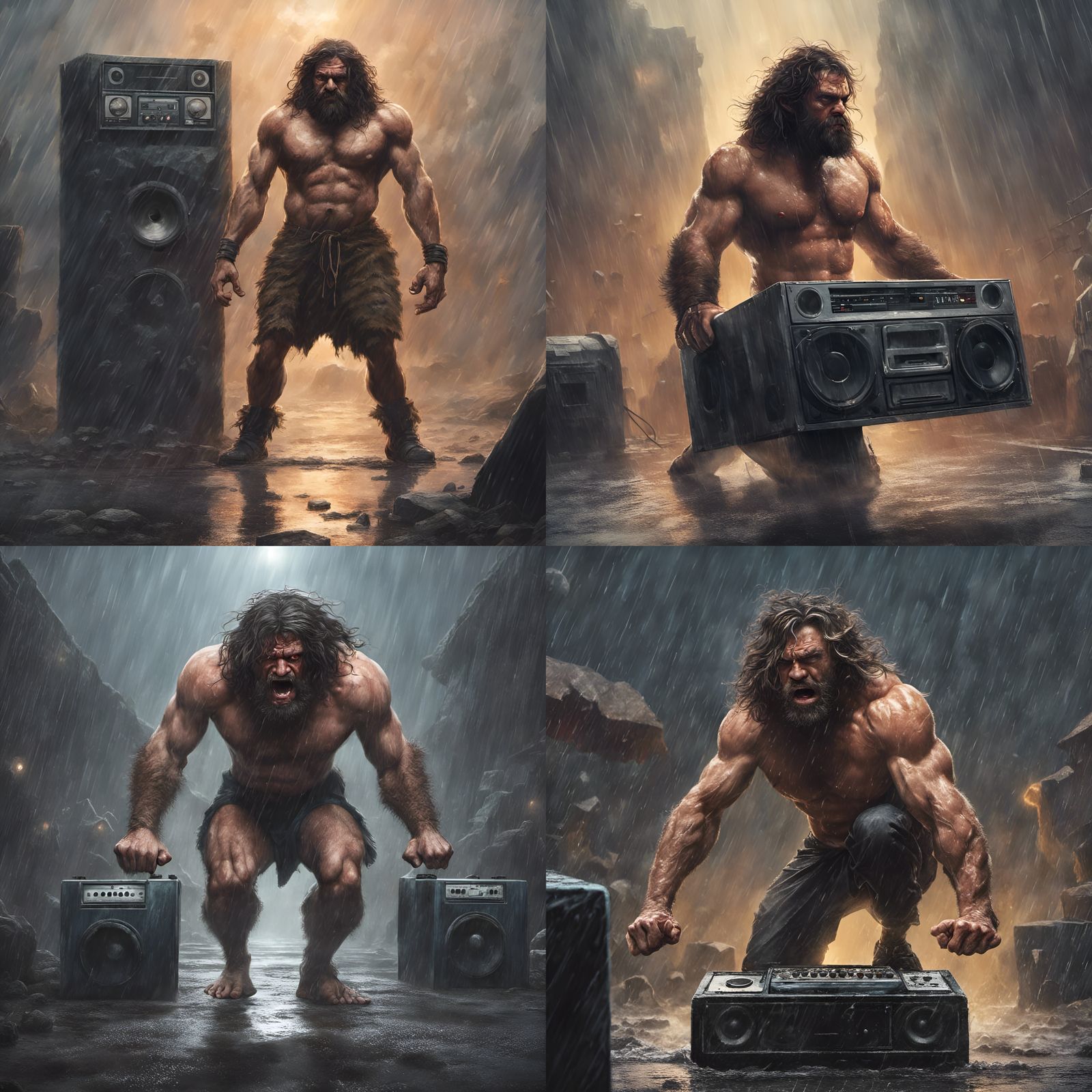 Caveman doing push-ups with a huge boom box in the background blaring slayer, intense, melodramatic, concentrated, extre...