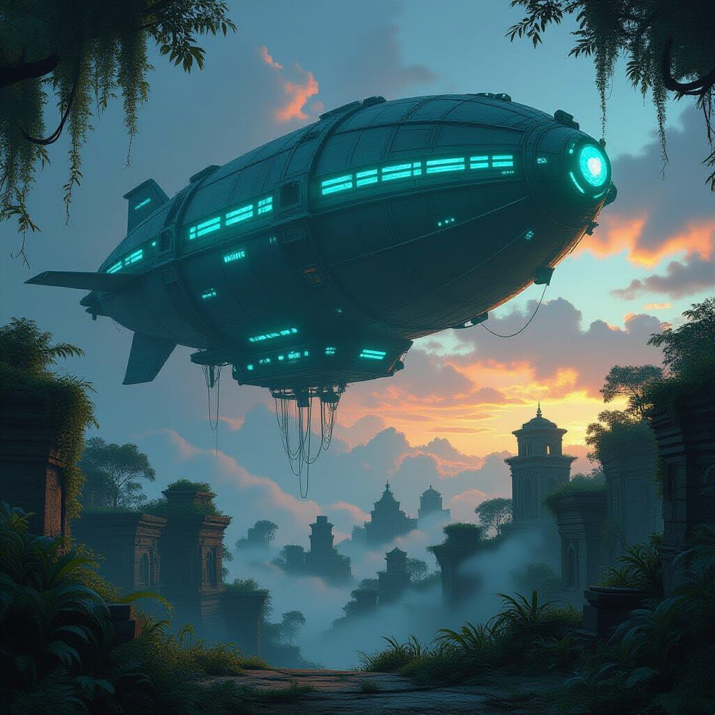 Ancient Airship Over Jungle City in Dramatic Twilight