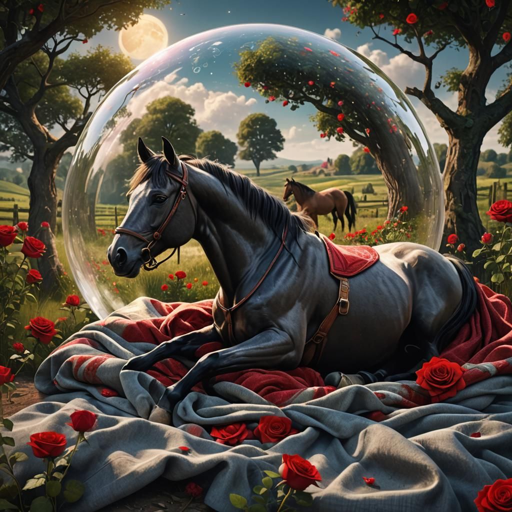 Horse Dreaming of Roses in Countryside Landscape
