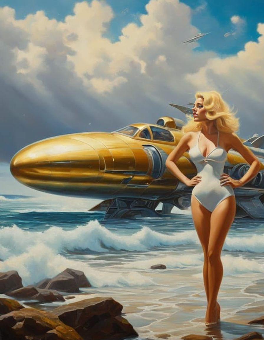 Retro Sci-Fi Woman Emerges from Sea, Oil Painting