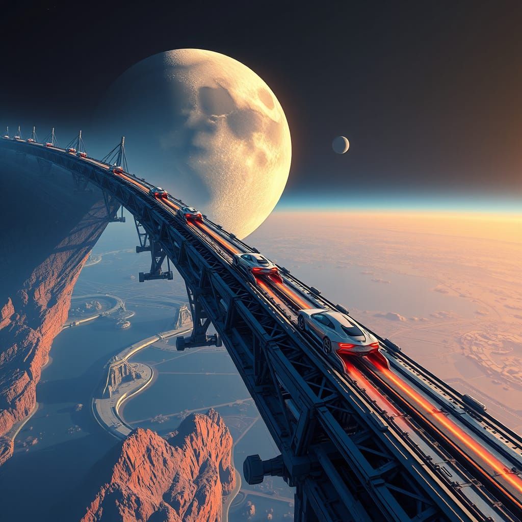 Futuristic Moon Bridge in Electric Blue and Orange