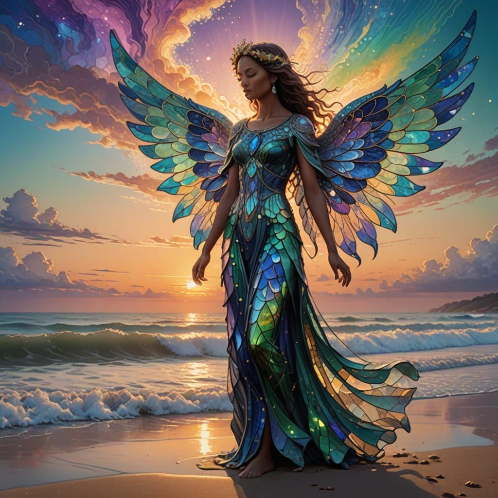 Angel in Vibrant Stain-Glass Wings at Sunrise Beach