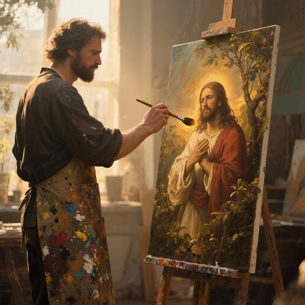 Artist's Hand Creates Jesus Painting in Golden Light