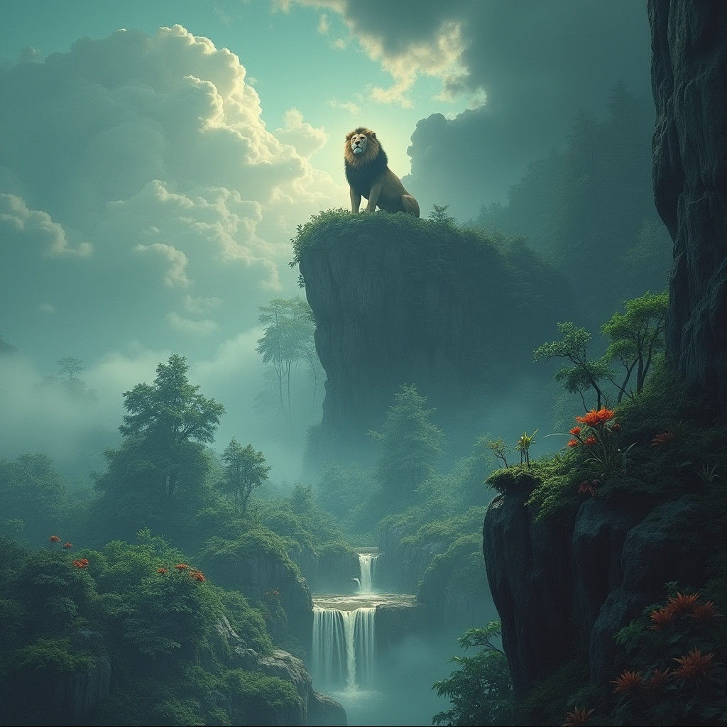 Majestic Lion King in Lush Jungle Landscape