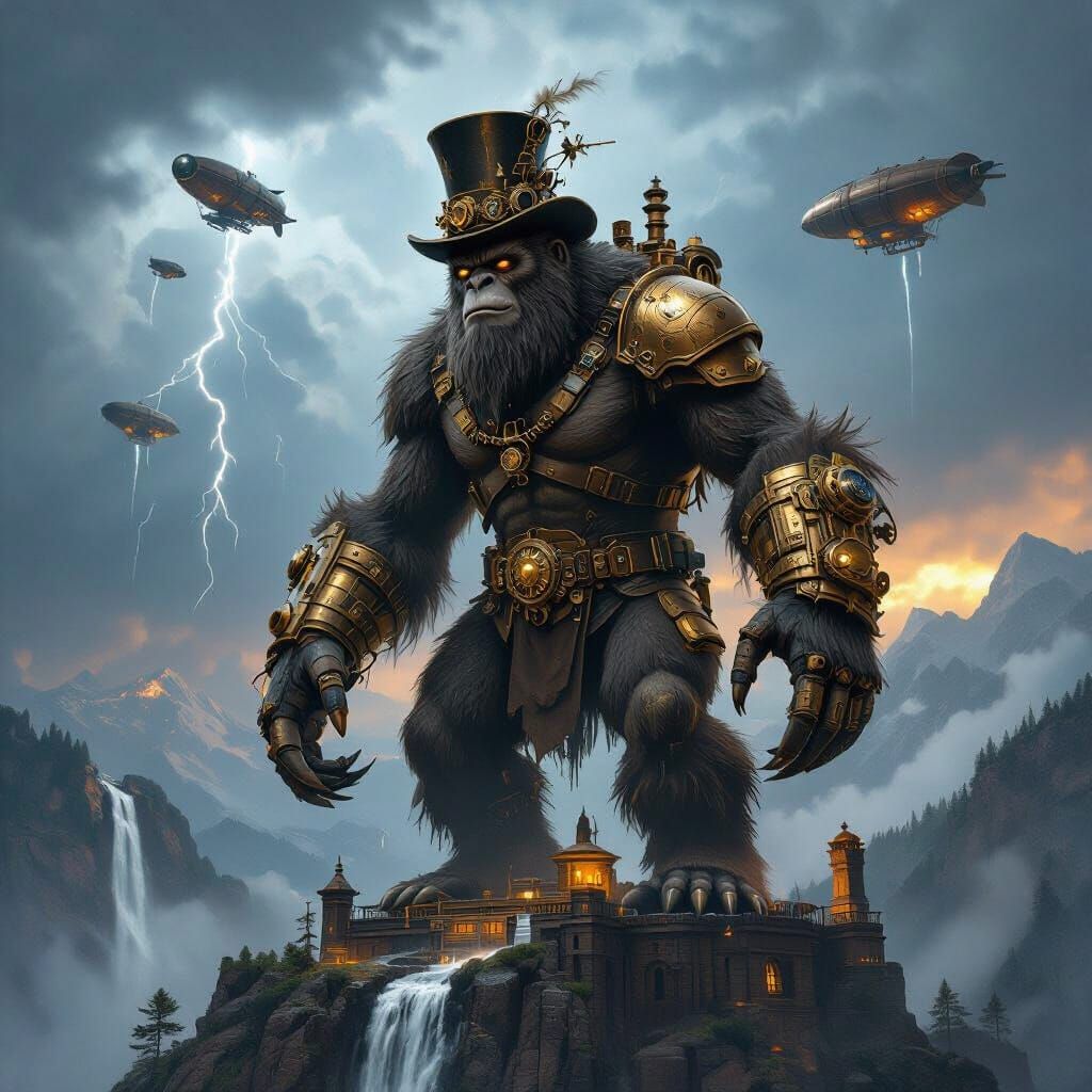 Steampunk Sasquatch Fortress Under Stormy Skies