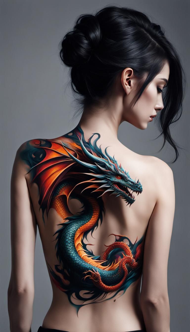 Dragon Tattoo Optical Illusion on Woman's Back