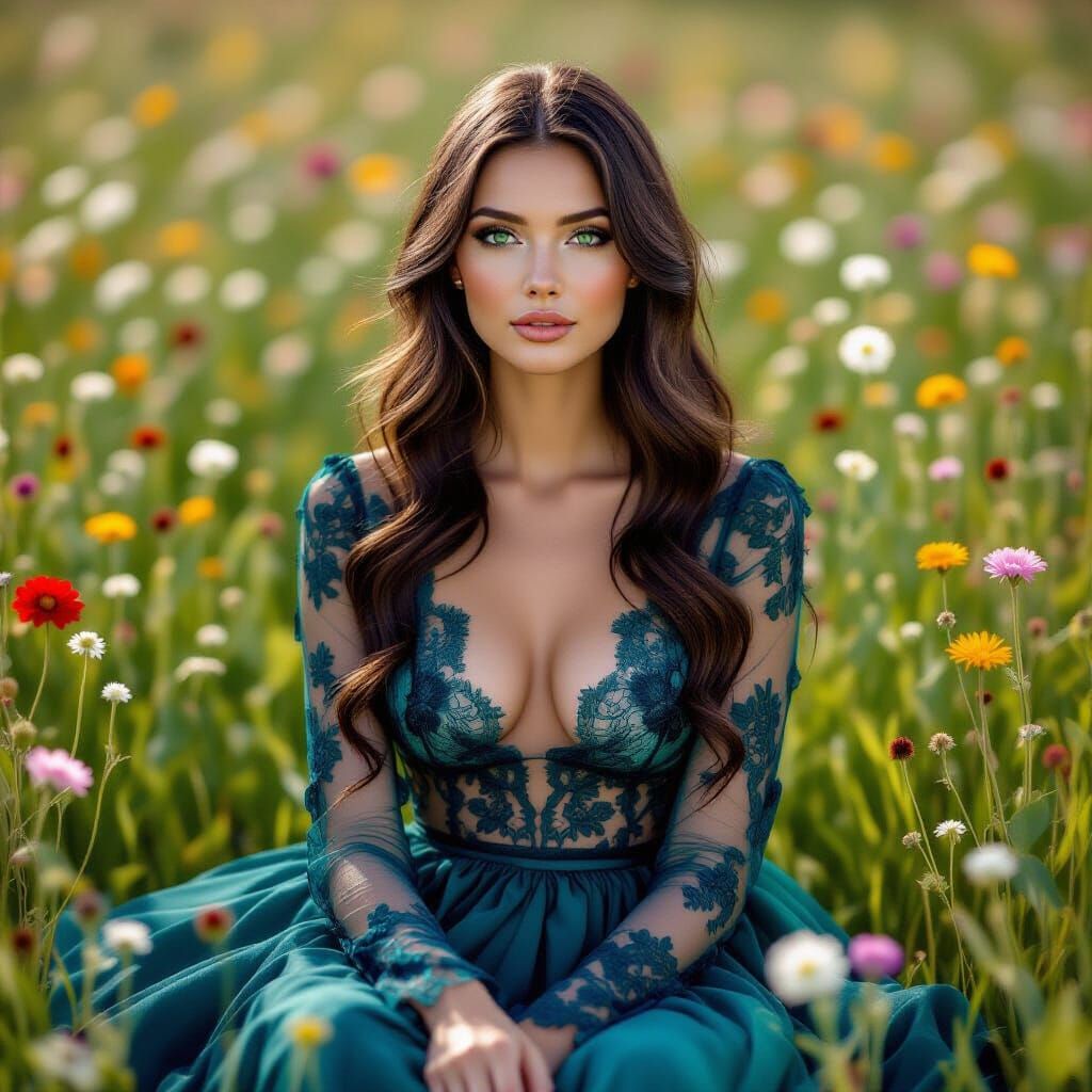 Woman in Lace Dress in Wildflower Meadow