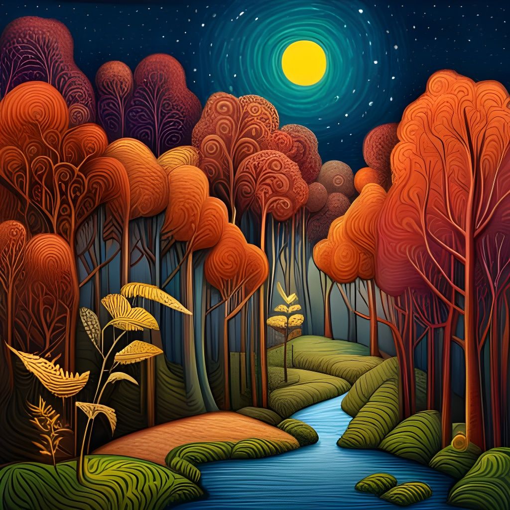 Mysterious Forest Under Starry Cosmos in Art Brut Style