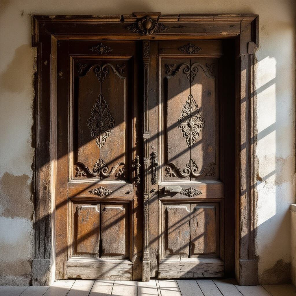 Aged 18th Century Carved Doors in Chiaroscuro Light