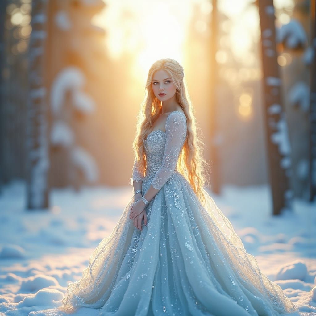 Blonde Snegurochka in Crystal Gown in Russian Winter Landsca...